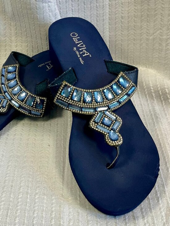 Olivia Miller Shoes - Olivia Miller Navy Blue Rhinestone Wedge Sandals 8